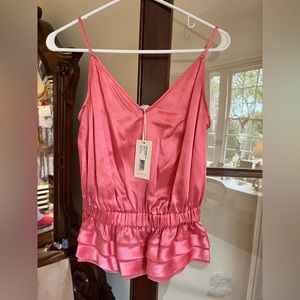 Ramy Brook Pink Satin Sleeveless Peplum Cami Blouse